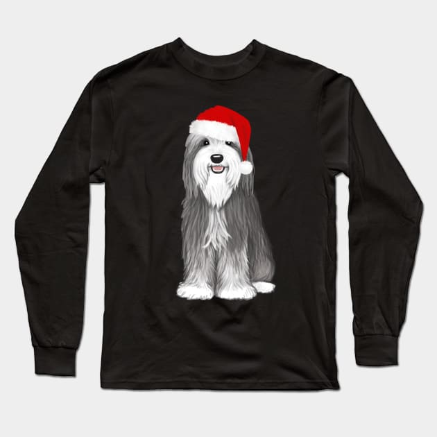 Bearded Collie with Sant Hat Cute Christmas Dog Long Sleeve T-Shirt by Coffee Squirrel